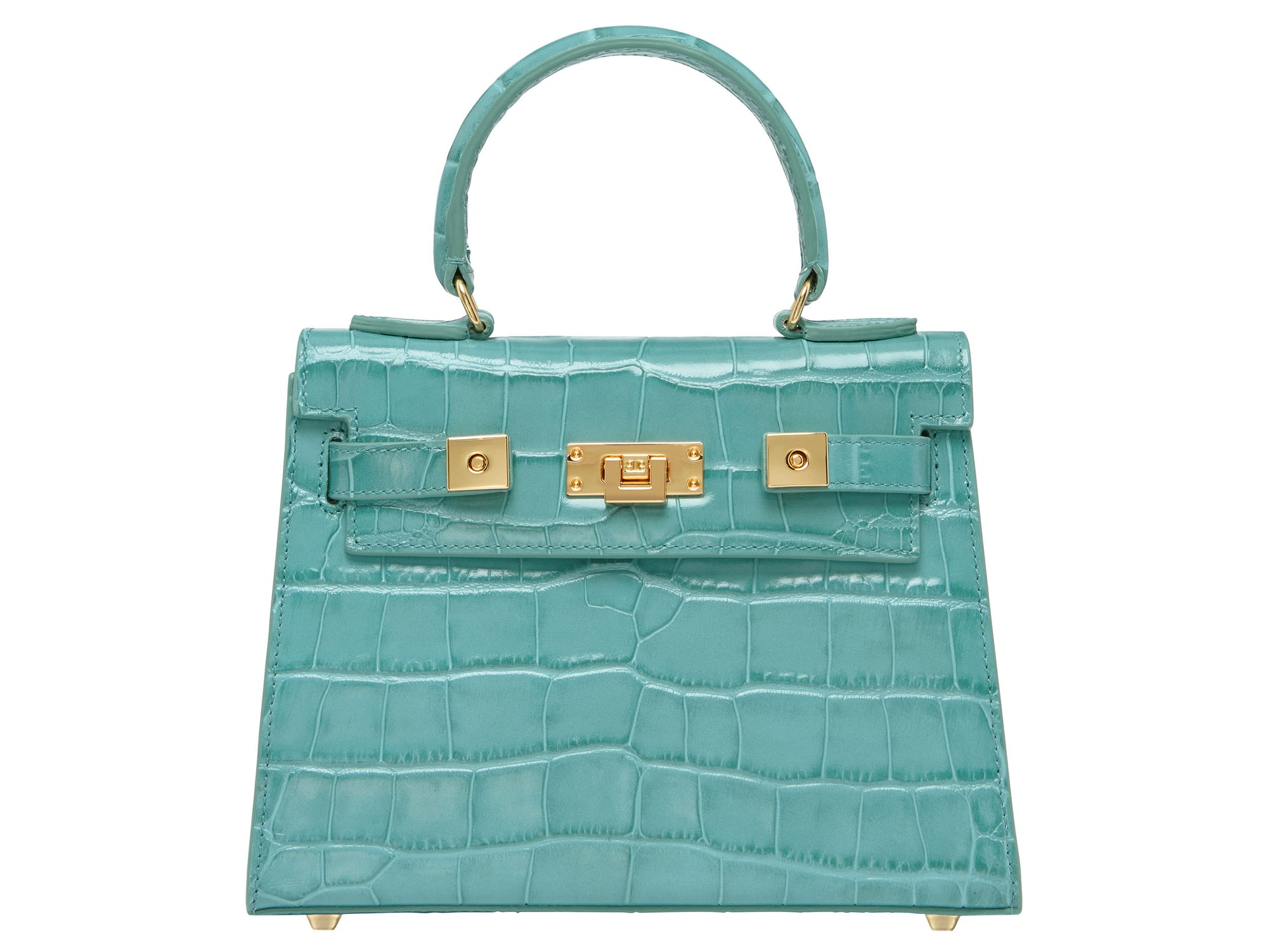 A turquoise 'Croc' print Italian calf leather handbag with gold plated hardware and a top handle.