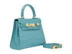 A turquoise 'Croc' print Italian calf leather handbag with gold plated hardware, a top handle and a detachable strap.