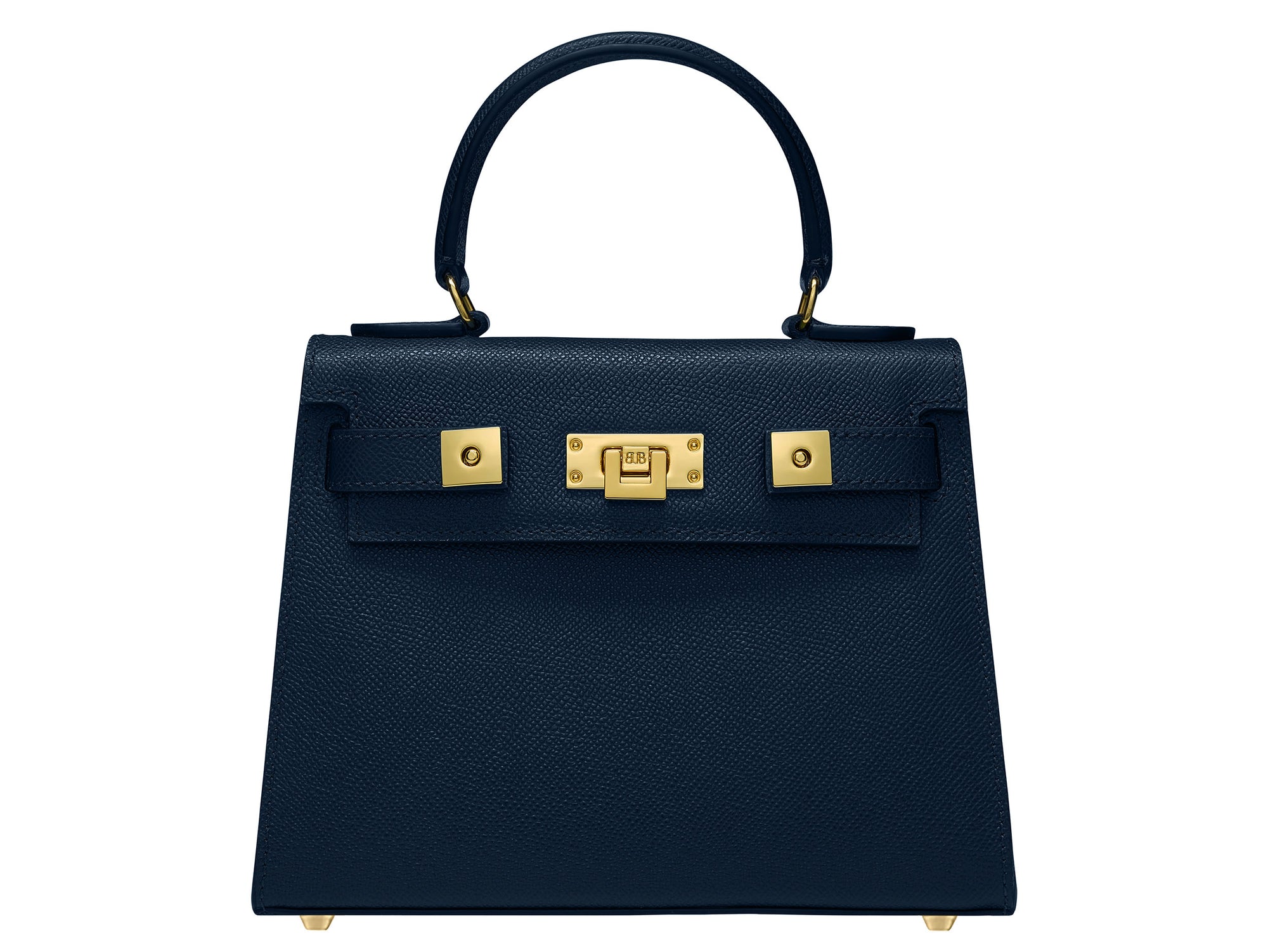 Navy blue Italian leather handbag with gold hardware, a top handle and a detachable strap on a white background