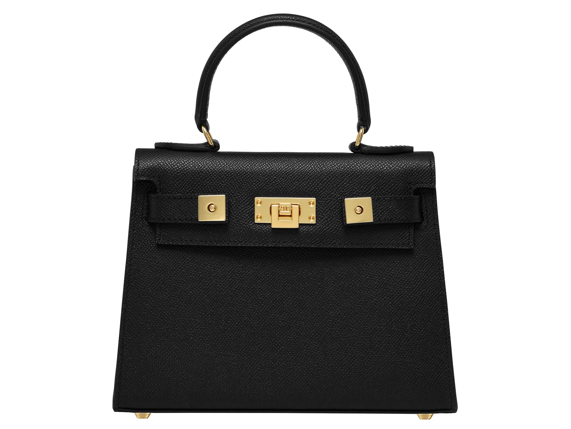 Black calf Italian leather handbag with a pebble print texture, featuring a top handle, detachable strap and gold-plated hardware.