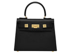 Black calf Italian leather handbag with a pebble print texture, featuring a top handle, detachable strap and gold-plated hardware.