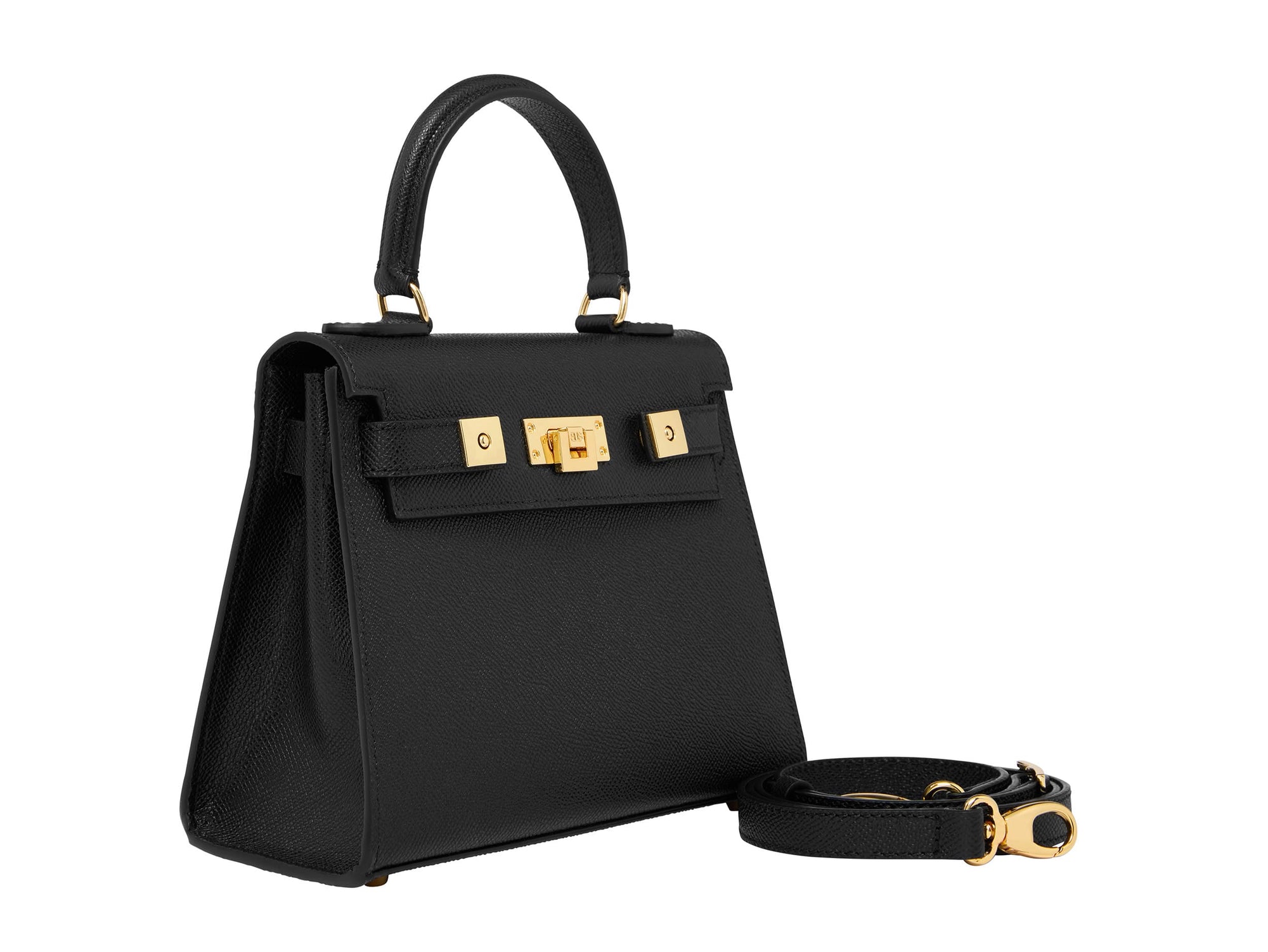 Black calf Italian leather handbag with a pebble print texture, featuring a top handle, detachable strap and gold-plated hardware.
