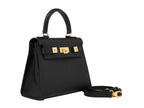 Black calf Italian leather handbag with a pebble print texture, featuring a top handle, detachable strap and gold-plated hardware.