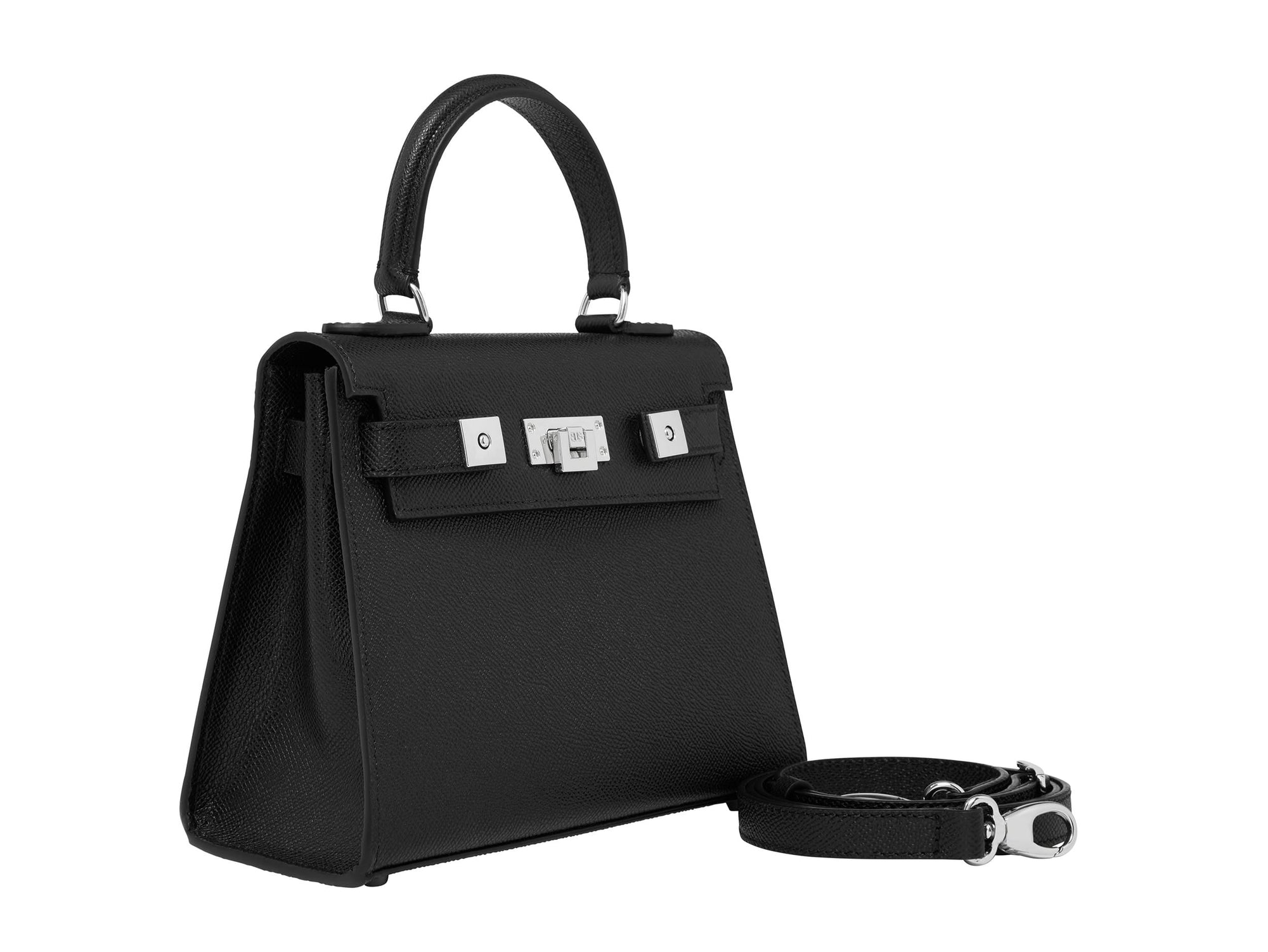 A black, medium-sized Italian leather handbag with a pebble print and silver hardware, featuring a top handle and a detachable shoulder strap.