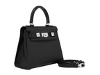 A black, medium-sized Italian leather handbag with a pebble print and silver hardware, featuring a top handle and a detachable shoulder strap.