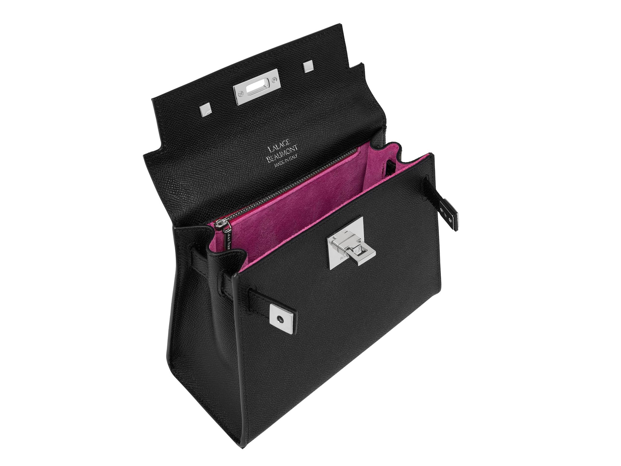 Inside of black, medium-sized Italian leather handbag with a pebble print and silver hardware, featuring a top handle and a detachable shoulder strap featuring the bright pink suede interior