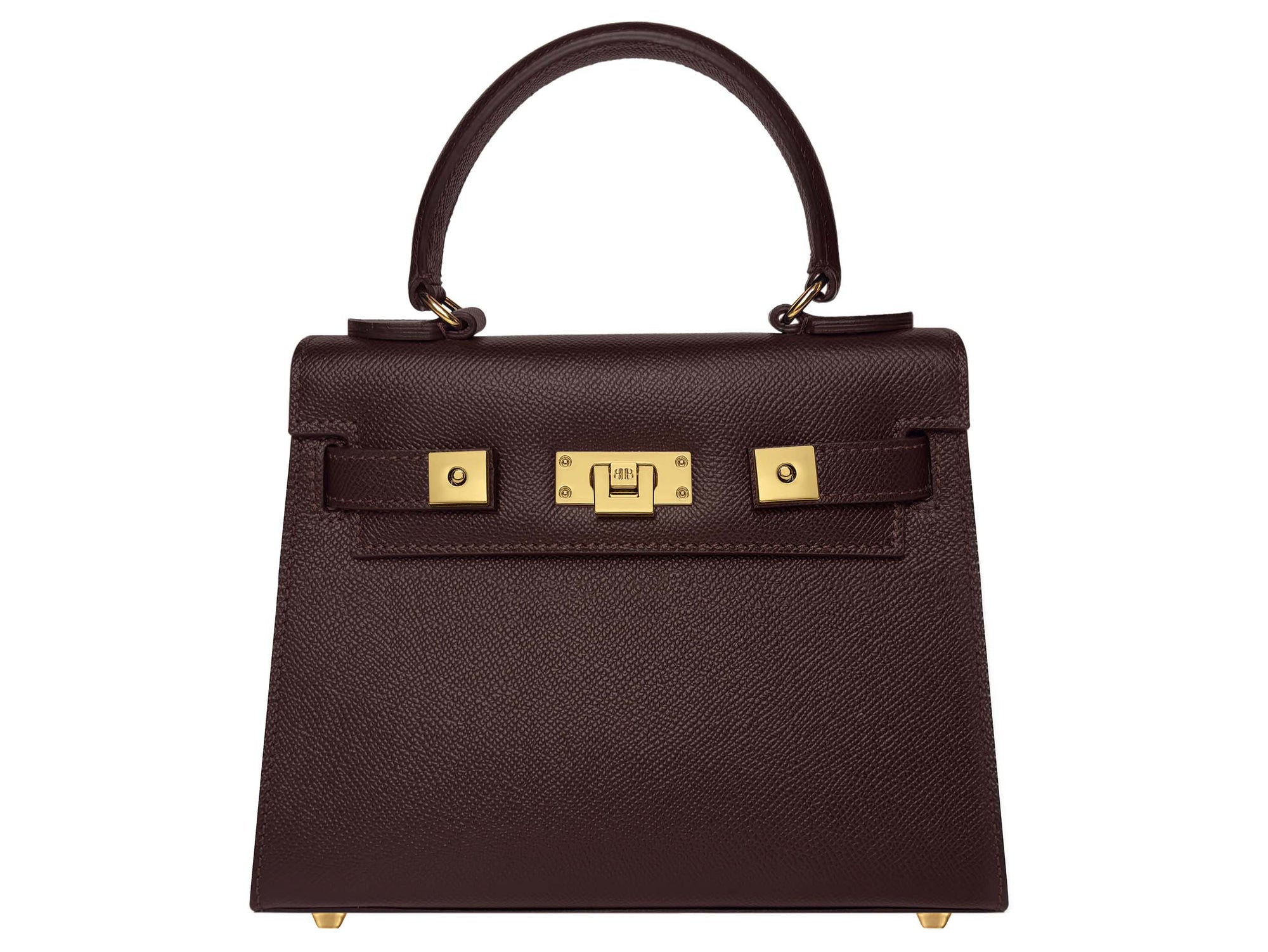 Medium chocolate brown Italian leather handbag with gold hardware, a top handle and a detachable strap on a white background