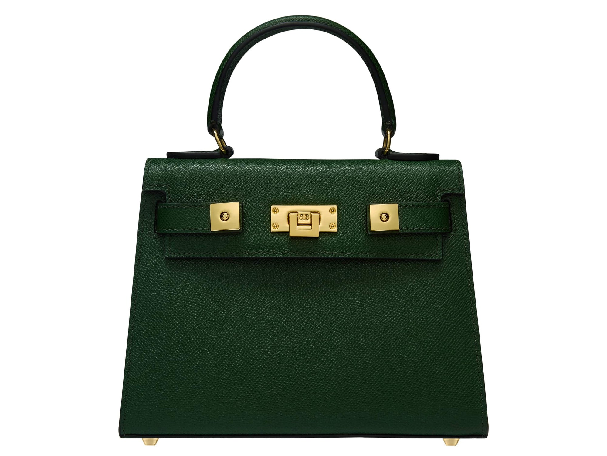A dark green, medium-sized Italian leather handbag with a pebble print and gold plated hardware, featuring a top handle and a detachable shoulder strap.