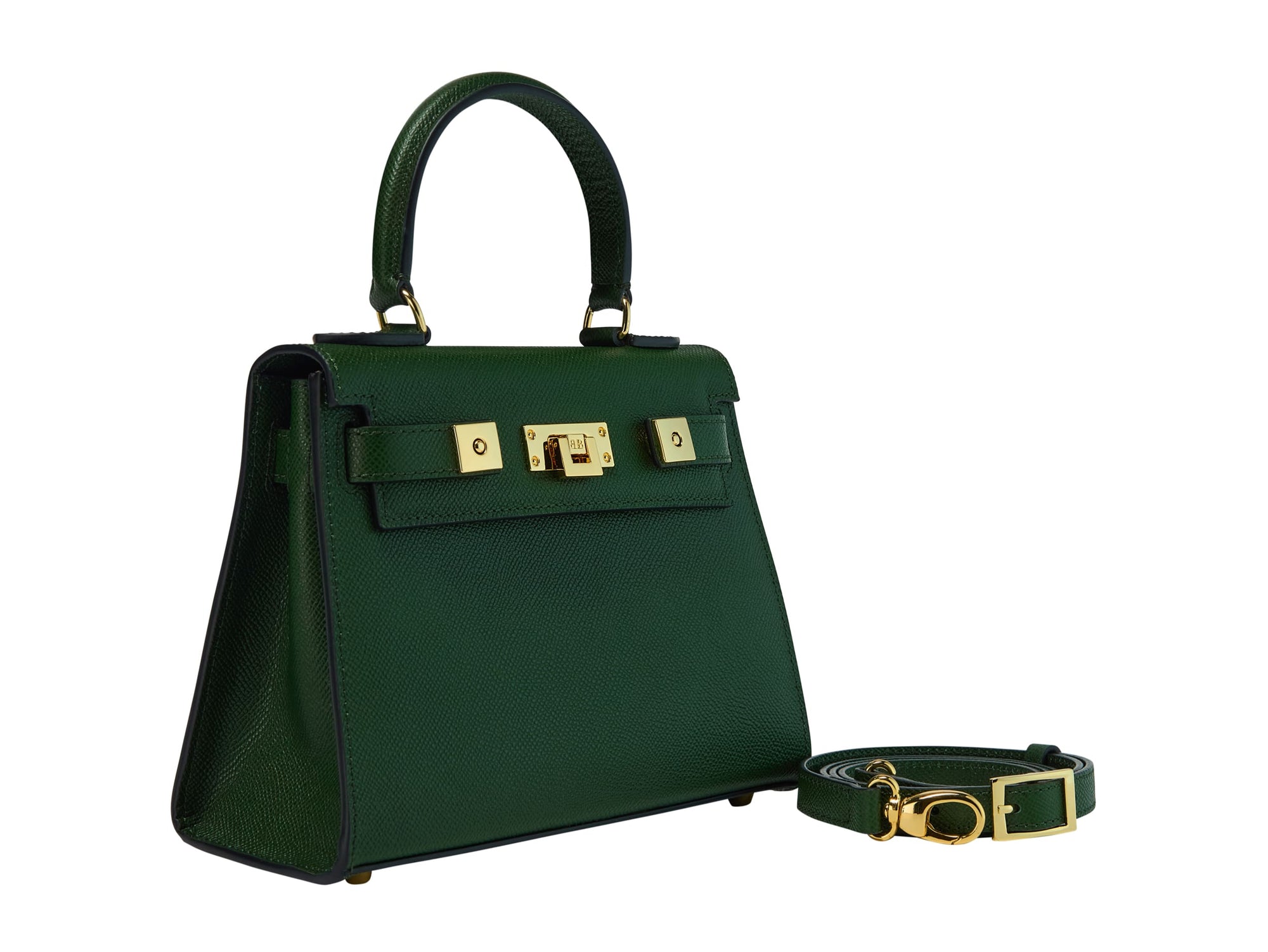 A dark green, medium-sized Italian leather handbag with a pebble print and gold plated hardware, featuring a top handle and a detachable shoulder strap.