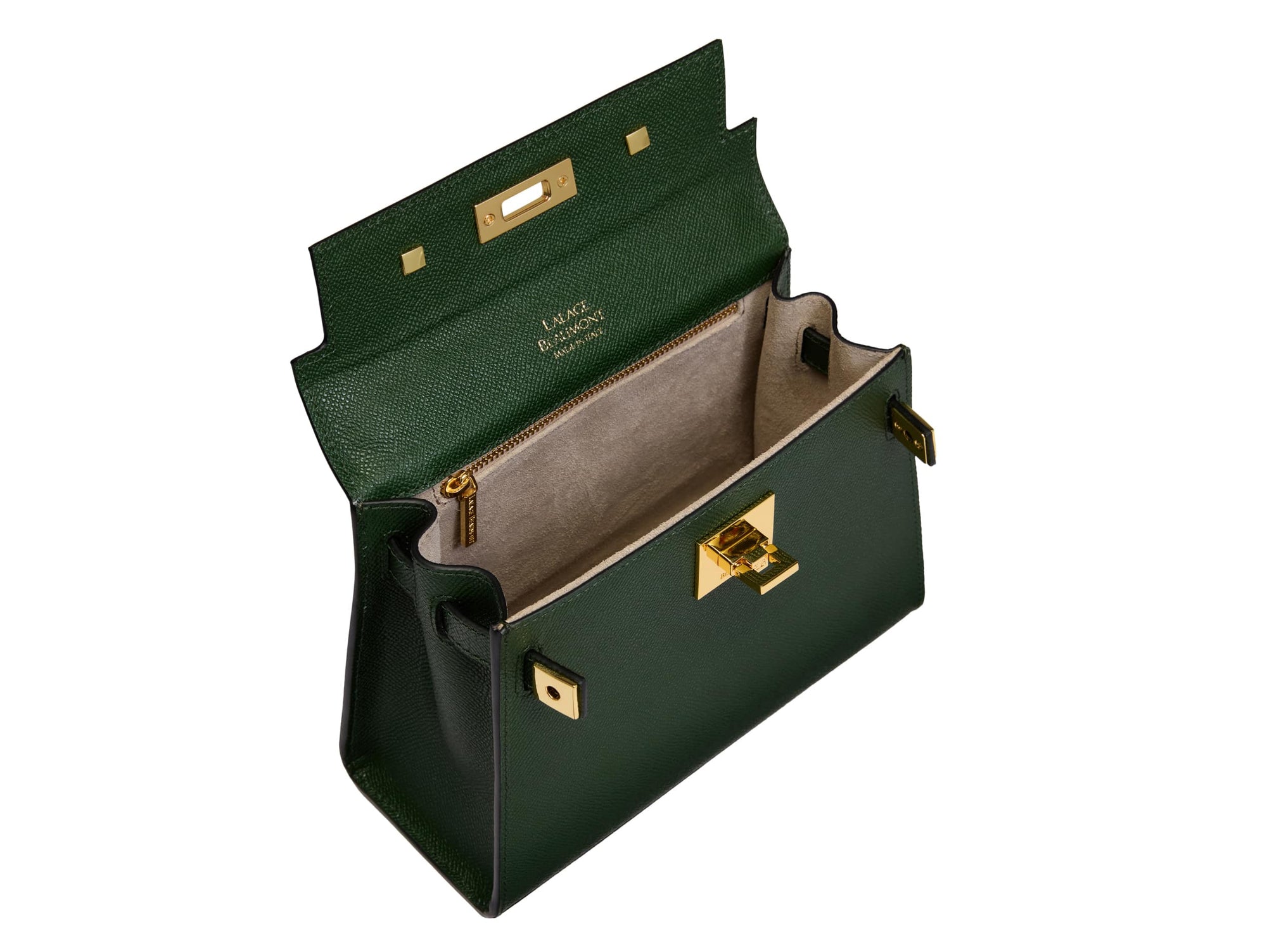 A dark green, medium-sized Italian leather handbag with a pebble print and gold plated hardware, featuring a top handle and a detachable shoulder strap.