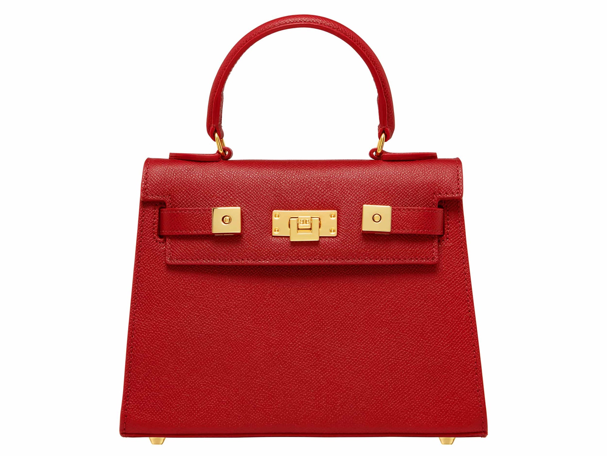 A bright red, medium-sized Italian leather handbag with a pebble print and gold-plated hardware, featuring a top handle and a detachable shoulder strap.