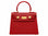 A bright red, medium-sized Italian leather handbag with a pebble print and gold-plated hardware, featuring a top handle and a detachable shoulder strap.