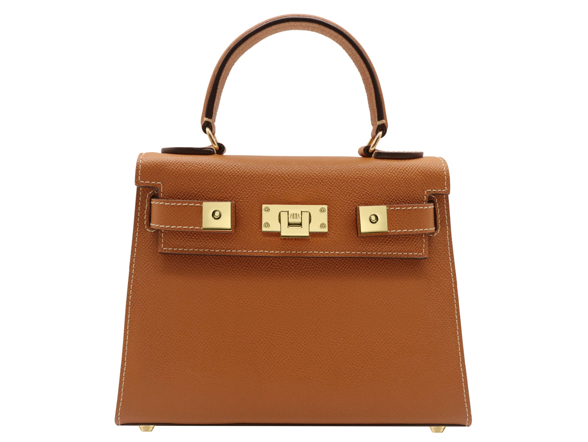 A tan-colored, pebble print Italian calf leather handbag with gold-plated hardware, a top handle and a detachable strap.