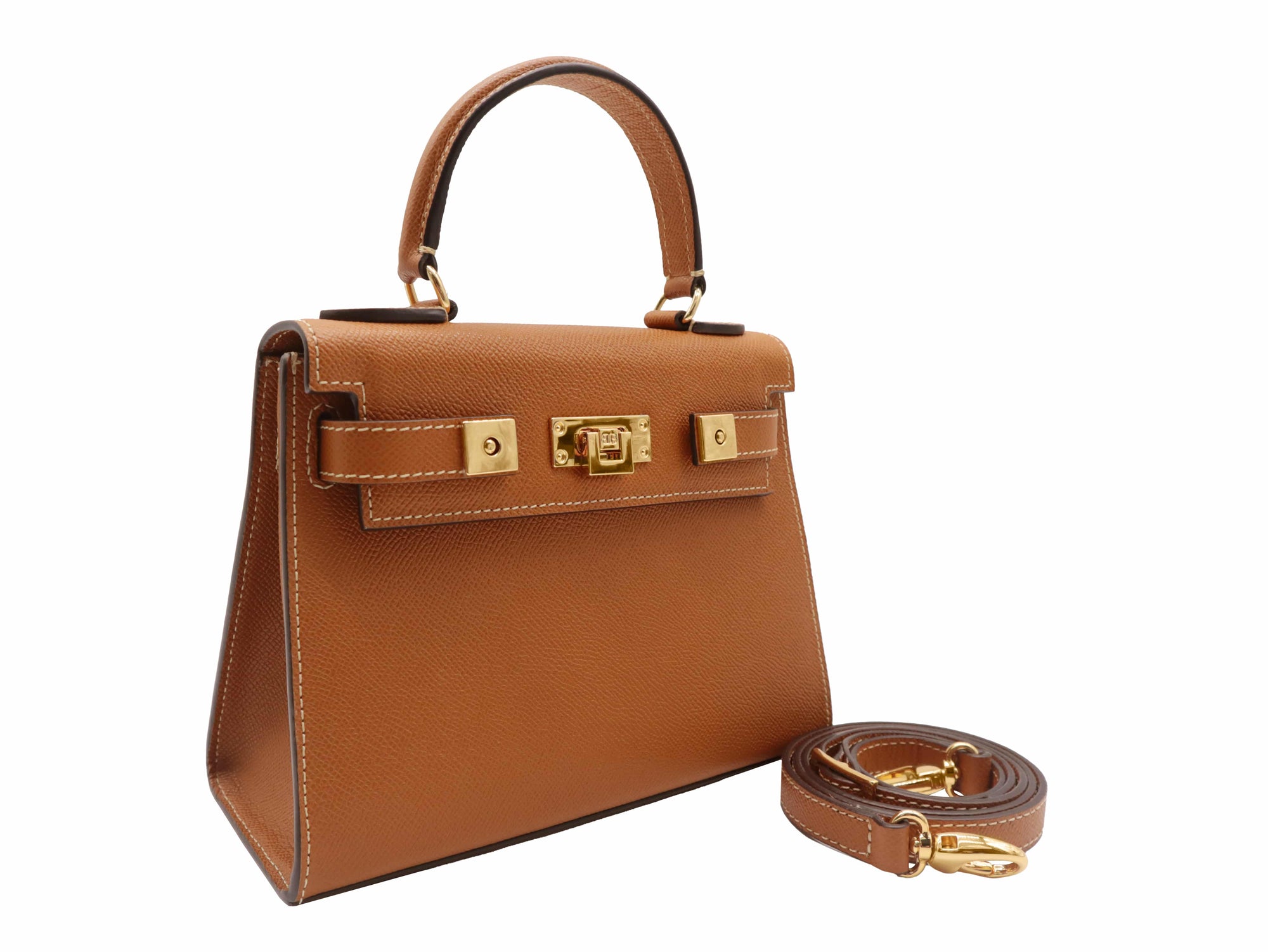 A tan-colored, pebble print Italian calf leather handbag with gold-plated hardware, a top handle and a detachable strap.