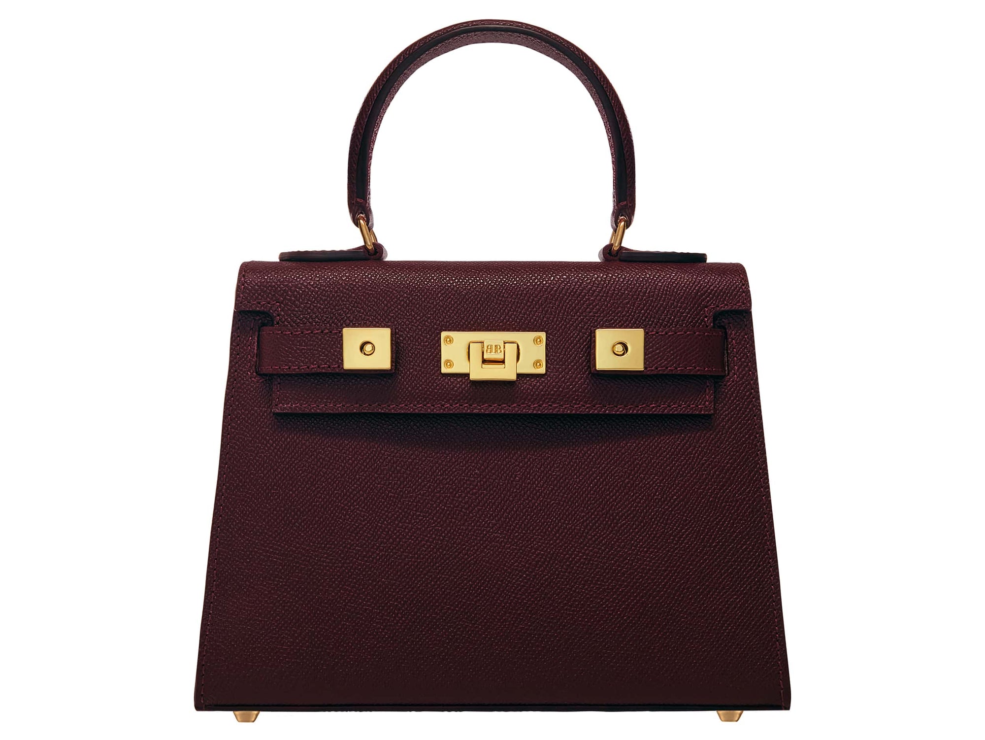 A burgundy wine coloured, medium-sized Italian leather handbag with a pebble print and gold plated hardware, featuring a top handle and a detachable shoulder strap.