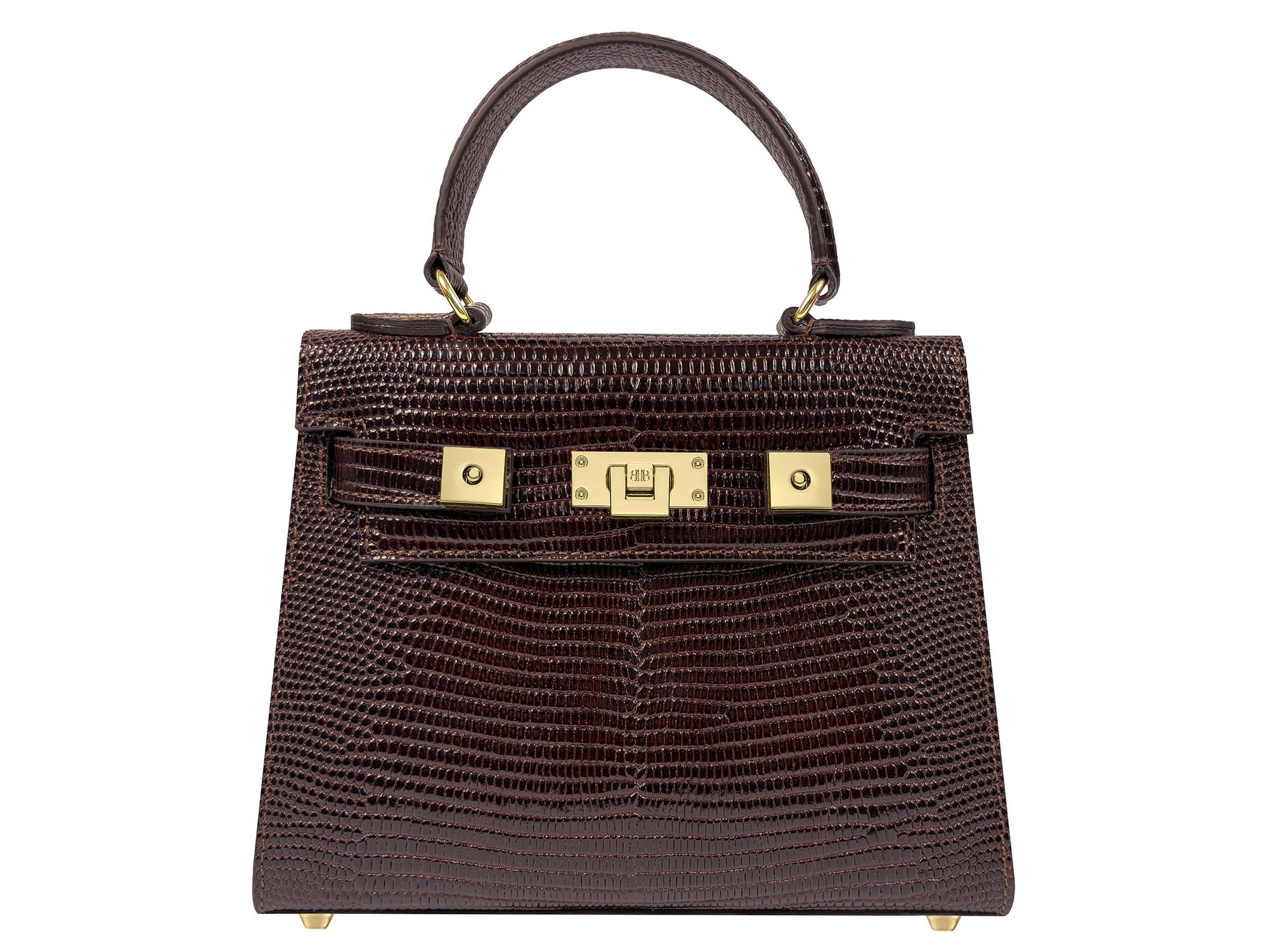 Brown textured ‘lizard’ print Italian leather handbag with gold hardware on a white background