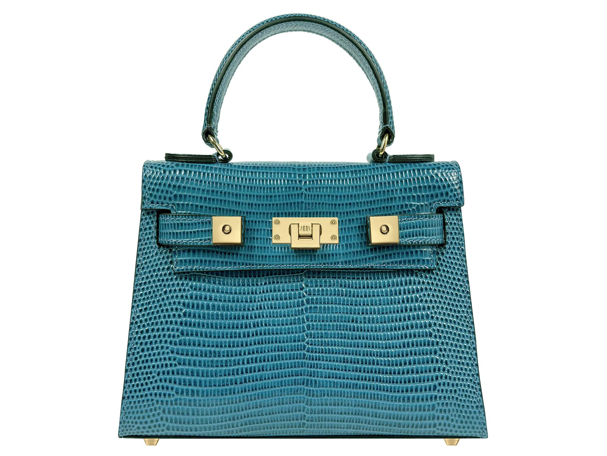 Blue textured ‘lizard’ print Italian leather handbag with gold hardware on a white background
