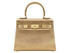 Medium gold natural grain Italian leather handbag with gold hardware, a top handle and a detachable strap on a white background