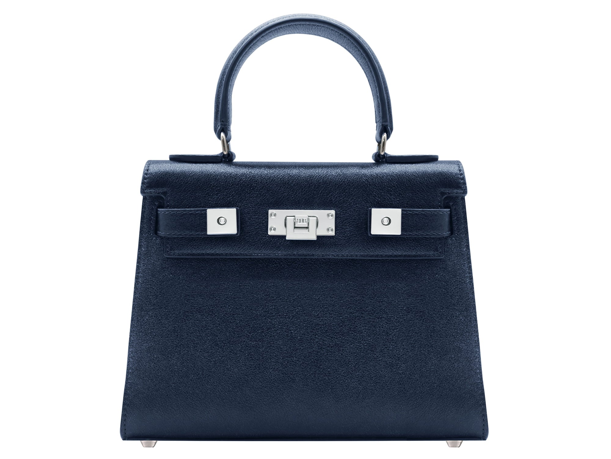 Medium navy blue natural grain Italian leather handbag with a hint of silver sparkle  with silver hardware, a top handle and a detachable strap on a white background