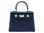 Medium navy blue natural grain Italian leather handbag with a hint of silver sparkle  with silver hardware, a top handle and a detachable strap on a white background