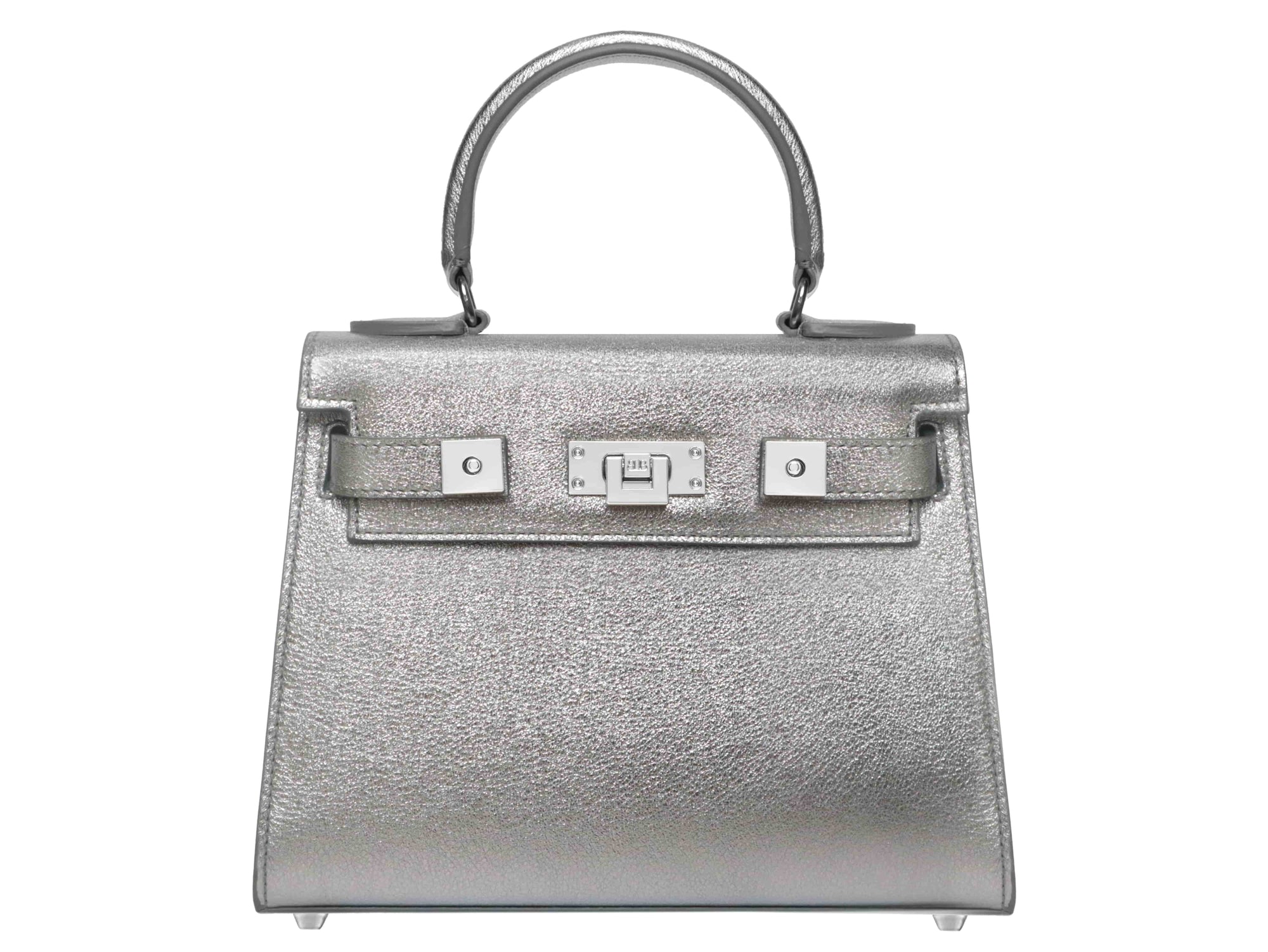 Medium silver natural grain Italian leather handbag with silver hardware, a top handle and a detachable strap on a white background