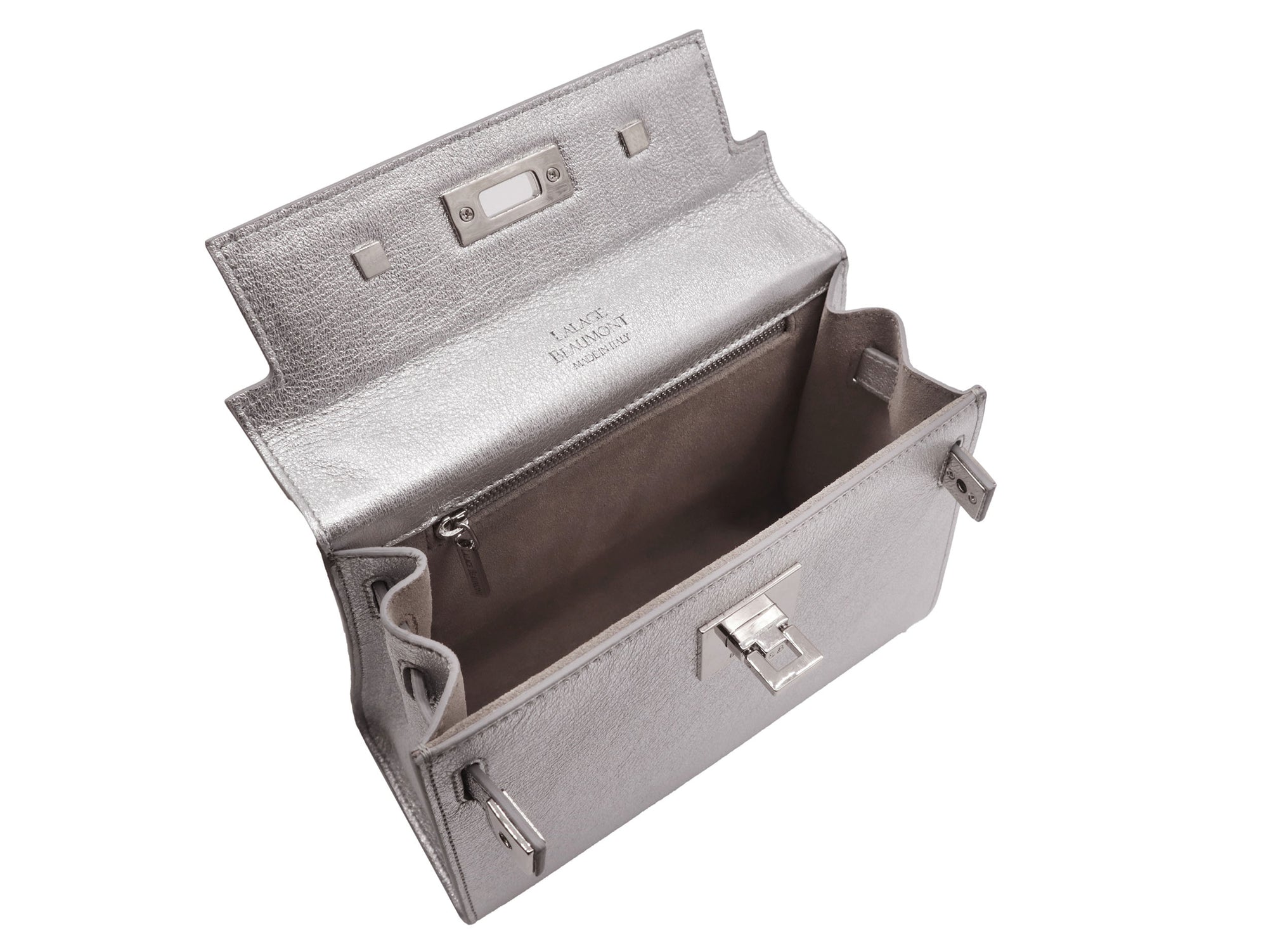 Inside view of a medium silver natural grain Italian leather handbag with silver hardware, a top handle and a detachable strap on a white background