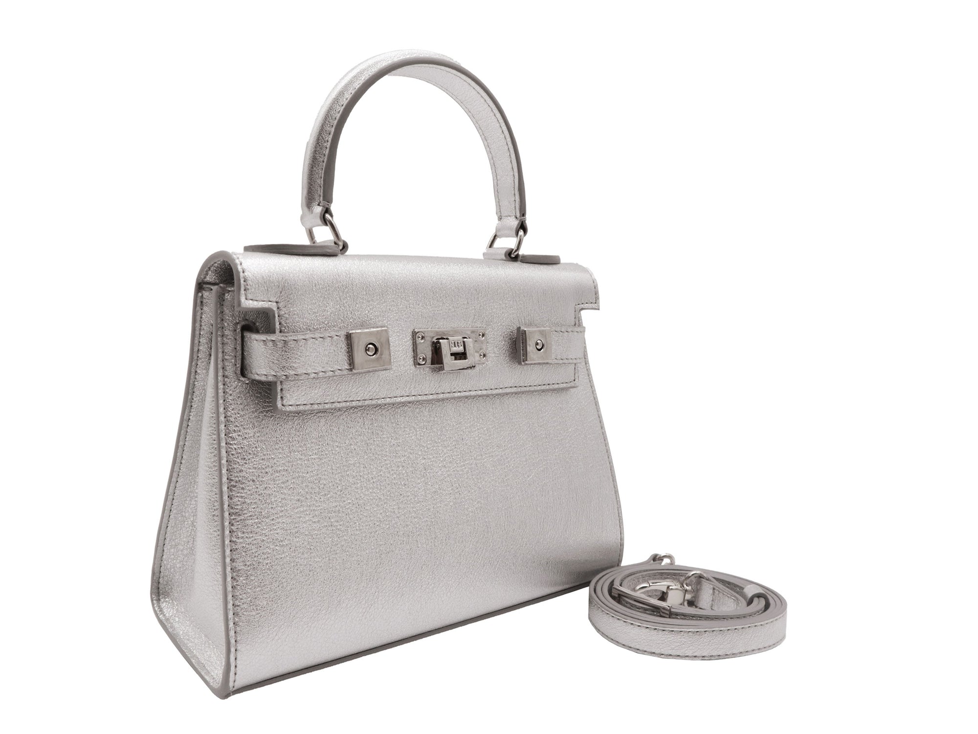 Medium silver natural grain Italian leather handbag with silver hardware, a top handle and a detachable strap on a white background