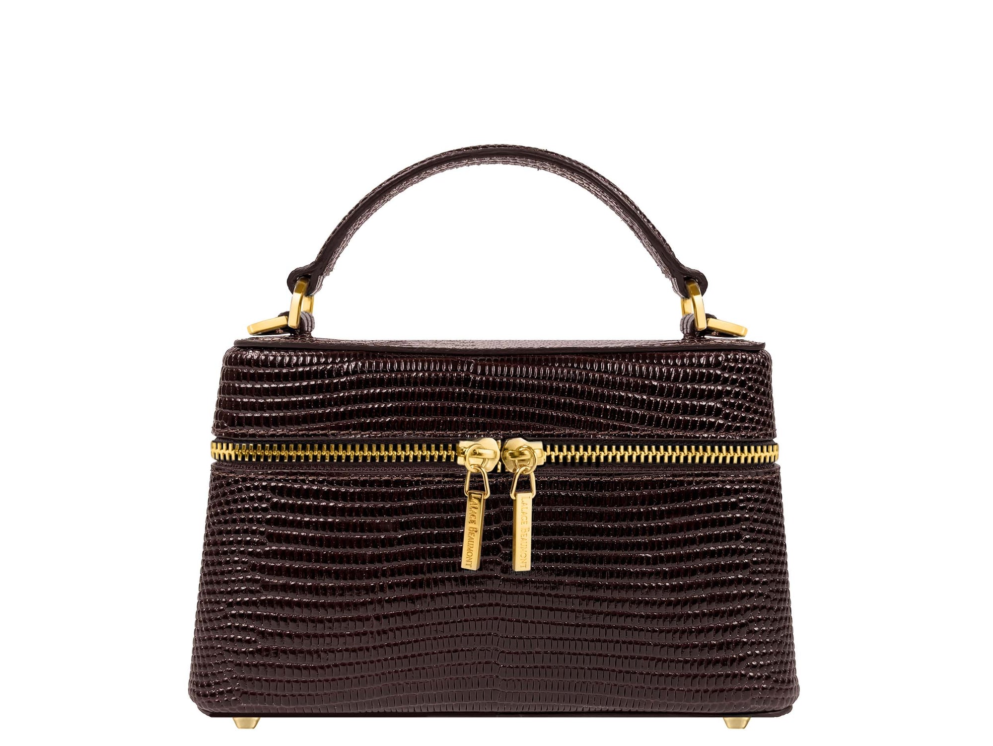 Brown ‘lizard’ print Italian leather handbag with gold zipped closure and gold accents on a white background