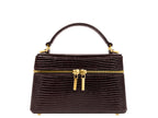 Brown ‘lizard’ print Italian leather handbag with gold zipped closure and gold accents on a white background