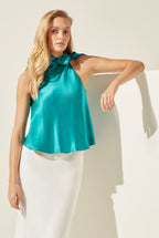 Tie-Neck Silk Satin Top in Emerald Green - Steph