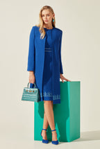 Royal Blue Faille Dress Coat with Turquoise Embroidered Border - Vanya