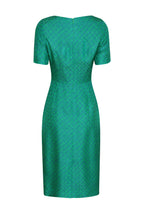 Silk/Wool Matelassé Shift Dress in Green/Blue Diamond Print - Angie
