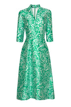 Calf Length, A-Line Dress in Emerald Green and White Printed Silk Shantung - Naomi
