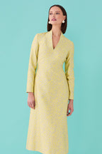 Long-Sleeved Dress with A-Line Skirt in Yellow/Grey Silk Jacquard - Emilia