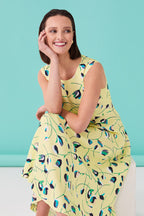 Sleeveless Longer Length Dress in Yellow Tulip Printed Cloqué Silk - Lettie