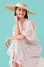 Embroidered Dot Chiffon Short-Sleeved Midi Dress with Flared Skirt - Sof