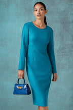 Teal Wool Dress with Long Sleeves and Waistband - Toni