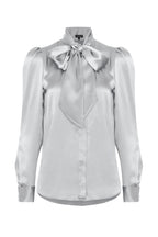 Tie-Neck Blouse in Pale Grey Silk Satin - Denisa