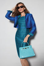 Short Jacket in Royal Blue Viscose/Cotton Sateen with Check Contrast lapels - Hermione