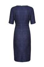 V-Neck Shift Dress with Short Sleeves in Navy Raw Silk Tussar - Amelia