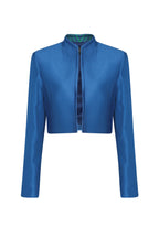 Short Jacket in Royal Blue Viscose/Cotton Sateen with Check Contrast lapels - Hermione