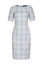 Shift Dress in Featherweight Sky Blue Tweed with Elbow Length Sleeves - Angie