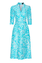 A-Line Dress in Turquoise/White Printed Silk Shauntung - Naomi